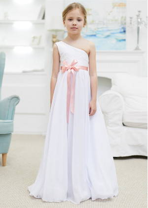 One Shoulder White Lace Chiffon Long Flower Girl Dress